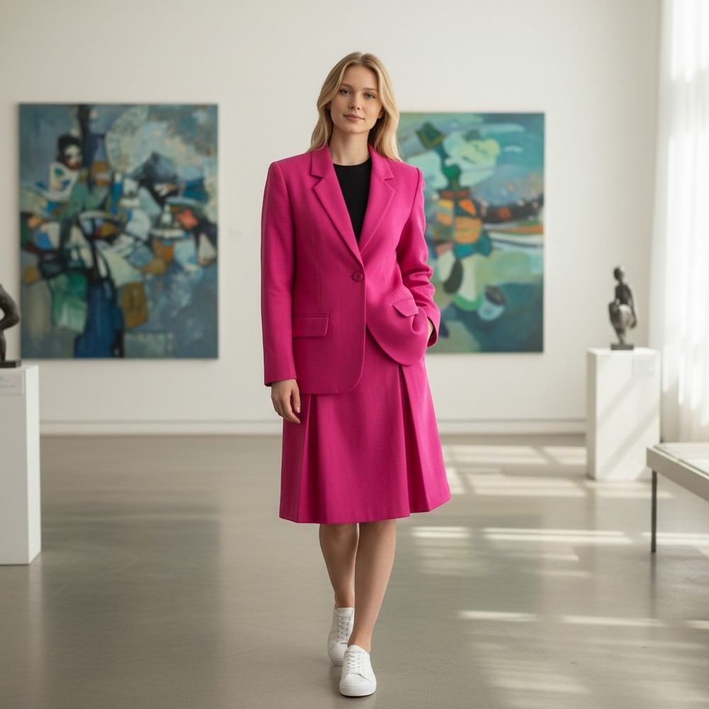 Sag Harbor Skirt Suit Womens 8/16 Pink Wool Blazer Pencil Skirt Set Vintage